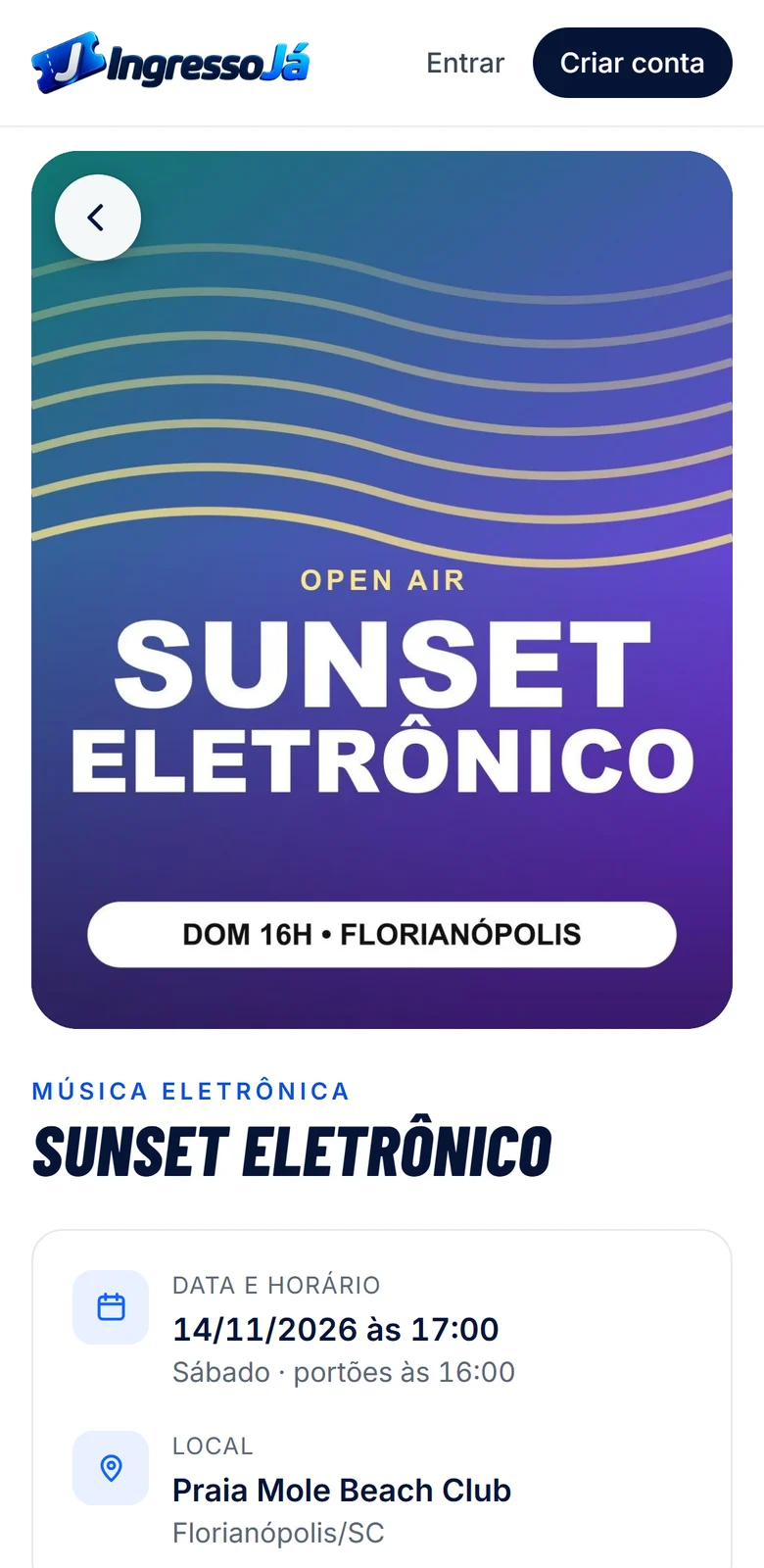 Página de um evento no IngressoJá aberta no celular